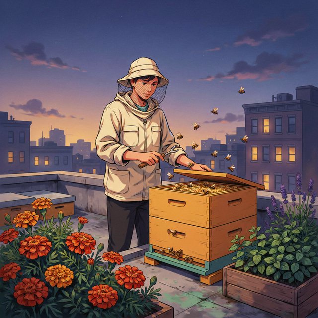 Cel-shaded anime illustration of an adult rooftop beekeeper tending lively hives among marigolds and herbs at dusk, with bees drifting past distant windows. Palette of saffron, violet, mint, and midnight blue, crisp contours and gentle gradients. — Ideogram v4.5