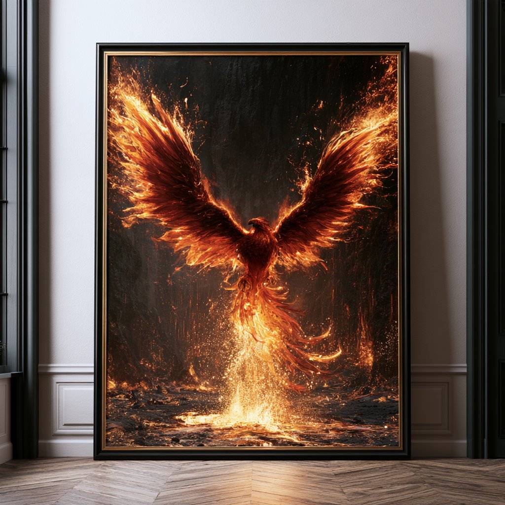 A majestic phoenix rising from a cascade of molten gold and shimmering embers against a backdrop of a dark, volcanic caldera. Its feathers are ablaze with brilliant oranges, reds, and fiery yellows. The air around it crackles with heat and energy. Style: Epic fantasy art with dynamic composition and vibrant color contrast — Midjourney V8.2