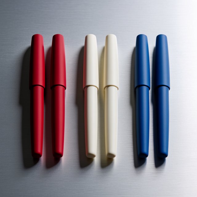 Across a brushed steel counter, exactly six fountain pens rest in three groups: two crimson pens on the left, two ivory pens in the center, and two cobalt pens on the right; nothing else. — Krea 2 Medium