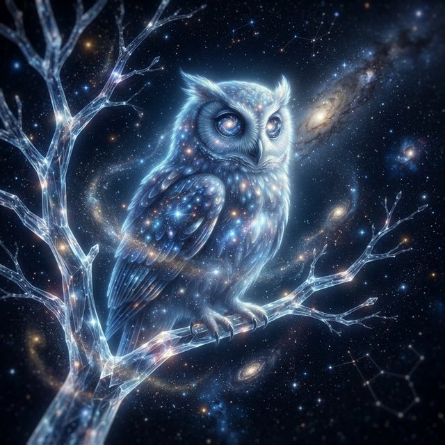 An ethereal owl with feathers made of shimmering moonlight and eyes like miniature galaxies, perched on a branch of a crystalline tree that grows in a void. Wisps of cosmic dust drift around it, and faint constellations are visible in the background. The scene evokes a sense of profound tranquility and celestial mystery. Style: Ethereal, surrealism, with a touch of photorealism. — Nano Banana 2 Lite