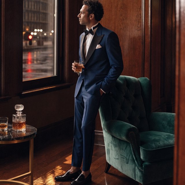 Editorial glamour photograph of an adult man in a midnight-blue tuxedo, standing naturally beside a velvet chair in a quiet hotel lounge, flattering amber window light, relaxed expression, polished magazine composition. — Recraft v4 Pro
