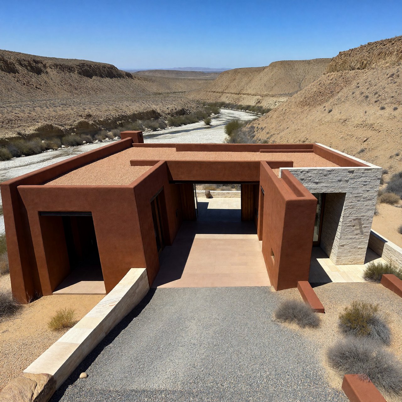 A contemporary desert visitor pavilion built from rust-colored rammed earth and pale limestone sits beside a dry wadi; deep shaded openings frame the courtyard. Hard midday sun, viewed from the gravel approach, crisp geometry and believable construction. — ImagineArt 1.5 Pro