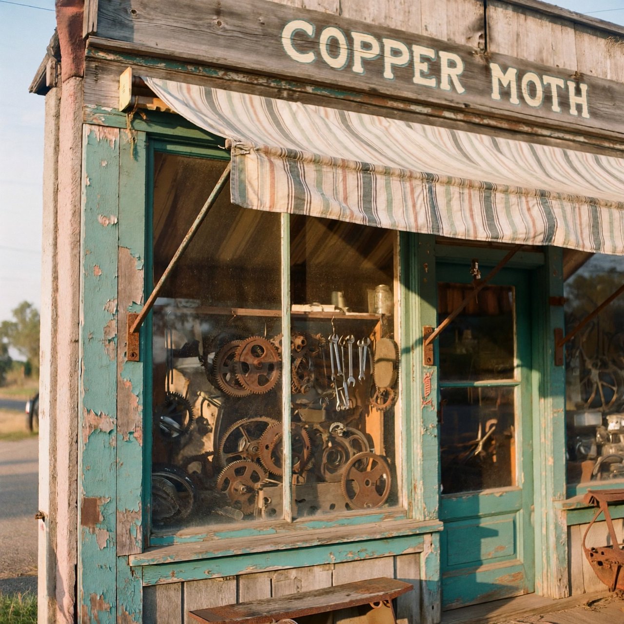 An old roadside bicycle workshop beneath a faded striped awning, rusted tools displayed in the window, with "COPPER MOTH" painted in cream block letters across the weathered wooden fascia, afternoon sunlight catching peeling turquoise paint. — ImagineArt 2