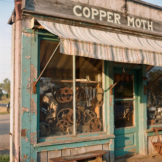 An old roadside bicycle workshop beneath a faded striped awning, rusted tools displayed in the window, with "COPPER MOTH" painted in cream block letters across the weathered wooden fascia, afternoon sunlight catching peeling turquoise paint. — ImagineArt 2