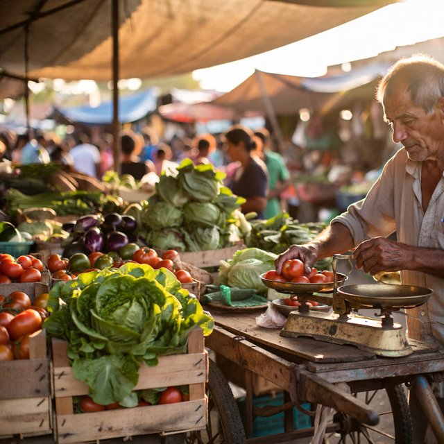 Candid street photograph of an outdoor vegetable market at golden hour, a vendor weighing tomatoes on a brass scale, shallow depth of field, 50mm lens. — ImagineArt 2
