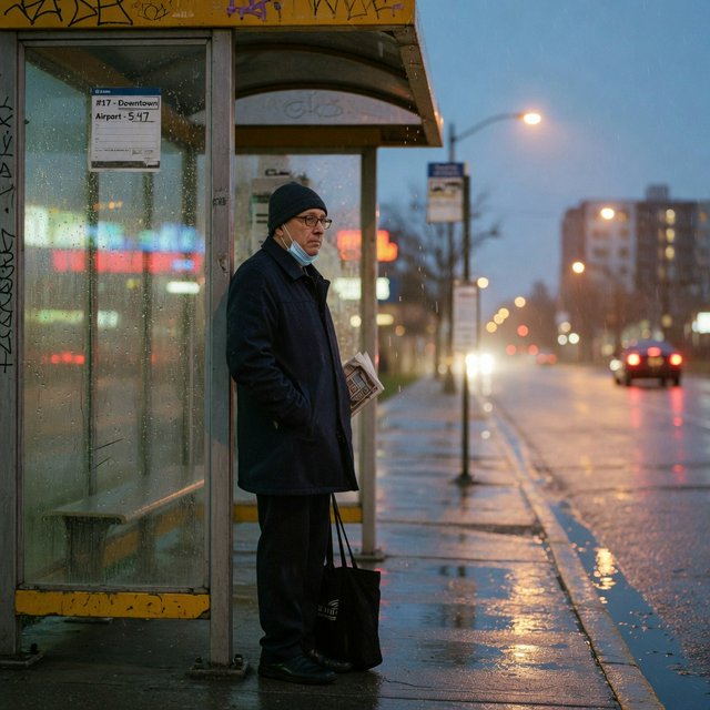 Candid documentary photograph of an adult waiting beside a city bus shelter at dawn, sodium streetlights fading into cool blue daylight, 50mm lens with shallow depth of field, fine rain droplets clinging to the shelter glass. — Grok Imagine Image Quality