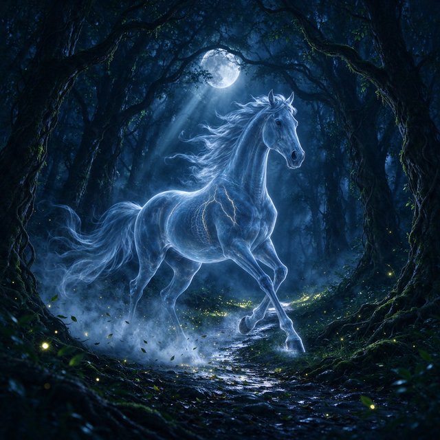 A majestic horse with a spectral mane and tail gallops through an enchanted, moonlit forest. Glimmering fireflies illuminate the path, casting an ethereal glow on ancient trees. The horse appears translucent, as if it's a phantom from another realm. The style is digital art, with surrealism and cinematic lighting to enhance the mysterious atmosphere — Seedream 5.0 Flash