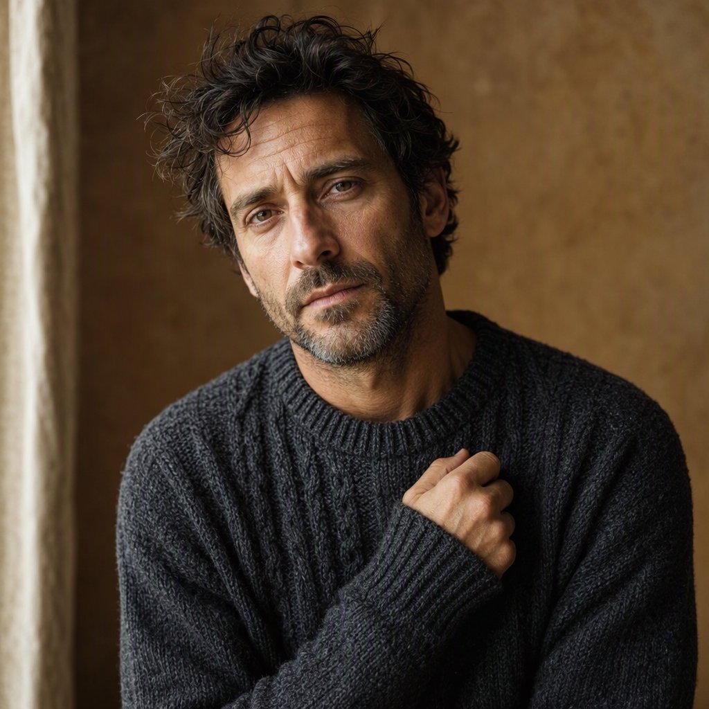 Editorial portrait of an adult man in his early 40s wearing a charcoal wool fisherman’s sweater, one hand loosely holding its ribbed cuff. His thoughtful, slightly tired expression rests against a muted ochre studio backdrop, shaped by gentle directional window light. — GPT Image 2