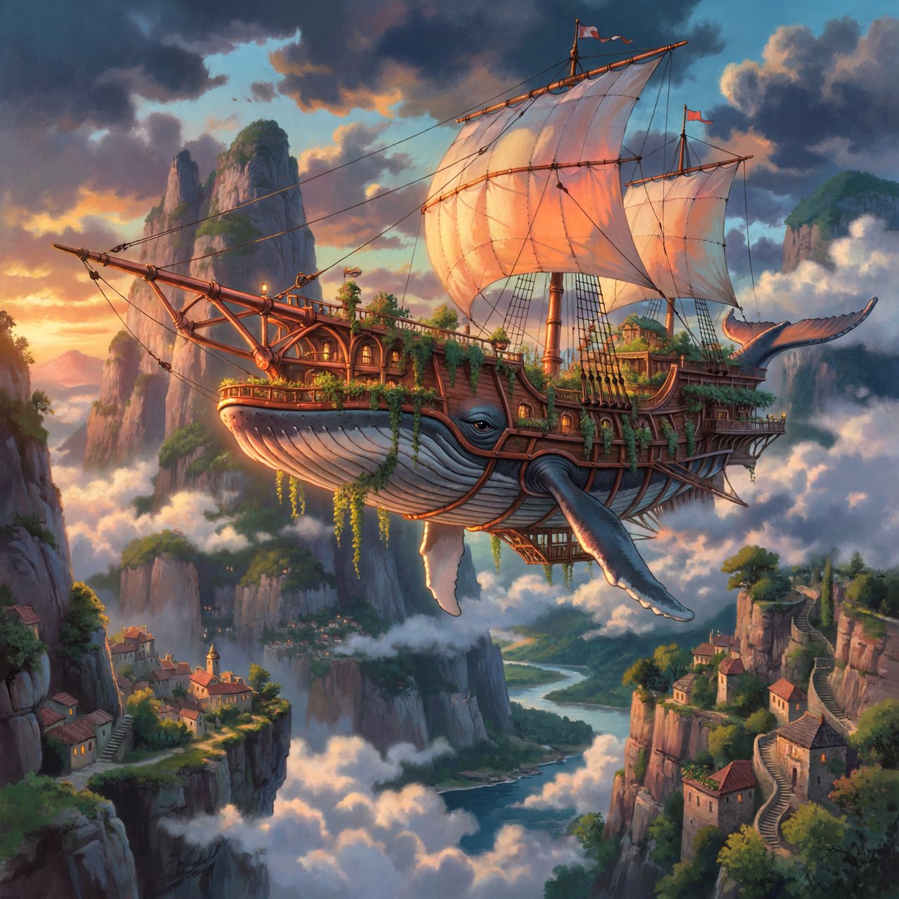 A vast, whale-shaped sky barge sails between mountain spires, its copper ribs supporting gardens and glowing sailcloth. Below, cloud rivers curl around tiny cliff villages as sunset pours through storm breaks, outlining the vessel in molten gold. — ImagineArt 2