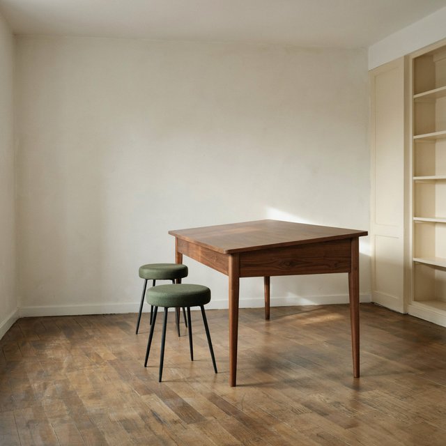 A quiet mapmaking room contains exactly one walnut drafting desk at the center, two moss-green stools side by side along its west edge, and one cream bookcase against the north wall; pale morning light, nothing else. — Ideogram v4.5