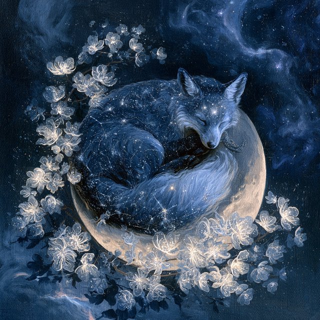 A miniature, intricately detailed fox crafted from living constellations, curled asleep atop a crescent moon. Surrounding it are delicate, bioluminescent flowers that pulse with gentle light, casting intricate shadows. The background is a deep indigo sky filled with swirling nebulae and distant, twinkling stars. The overall aesthetic is dreamlike and whimsical, with a painterly finish and a touch of cosmic wonder. — Midjourney V8.2