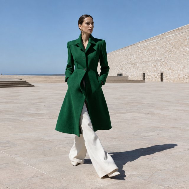 Full-length fashion editorial: model in a structured emerald wool coat and white trousers walking across a wide empty plaza, harsh midday sun, long shadow. — GPT Image 2.5 Flare