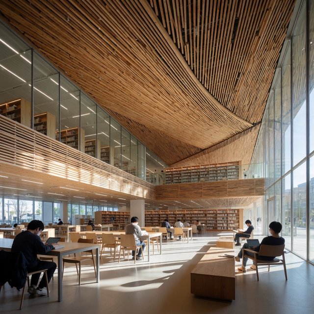 Interior of a modern public library with a three-storey atrium, timber ceiling slats, people reading, afternoon light through a glass wall. — Krea 2 Medium