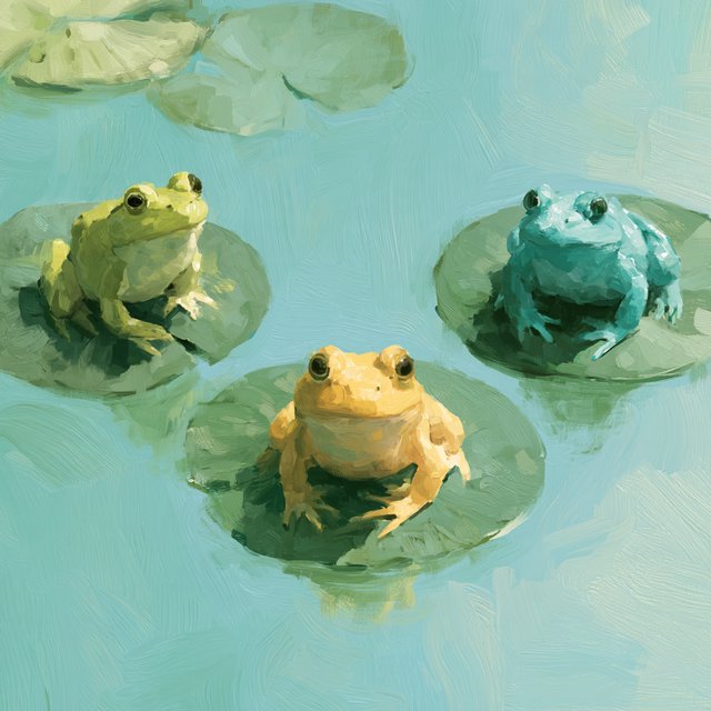 A still pond holds exactly three frogs on separate lily pads: a lime-green frog at the left, a golden-yellow frog in the center, and a turquoise frog at the right. All face forward; nothing else. — Model 13