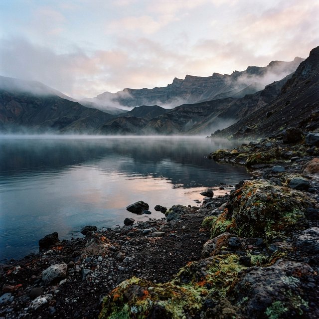 At first light, a rain-cleared volcanic caldera lake lies beneath thinning fog; pumice grains and damp lichen sharpen the near shore, while dark cinder slopes step back toward a distant rim. — Nano Banana 2 Lite