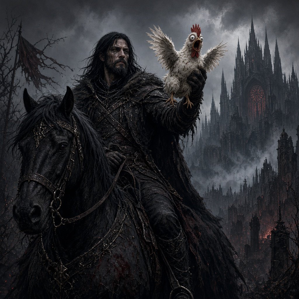 A man riding a horse, holding a screaming chicken, in dark gothic fantasy. — Grok Imagine Image 2