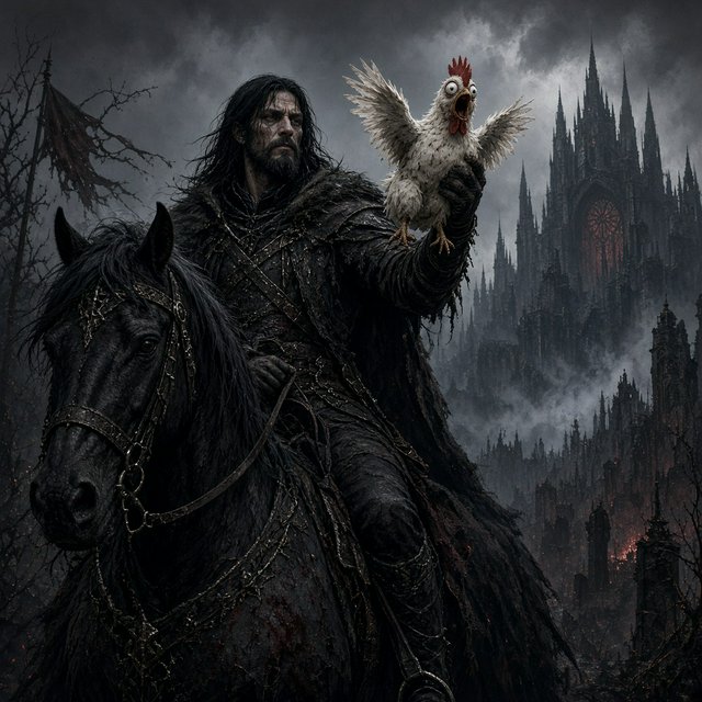 A man riding a horse, holding a screaming chicken, in dark gothic fantasy. — Model 4