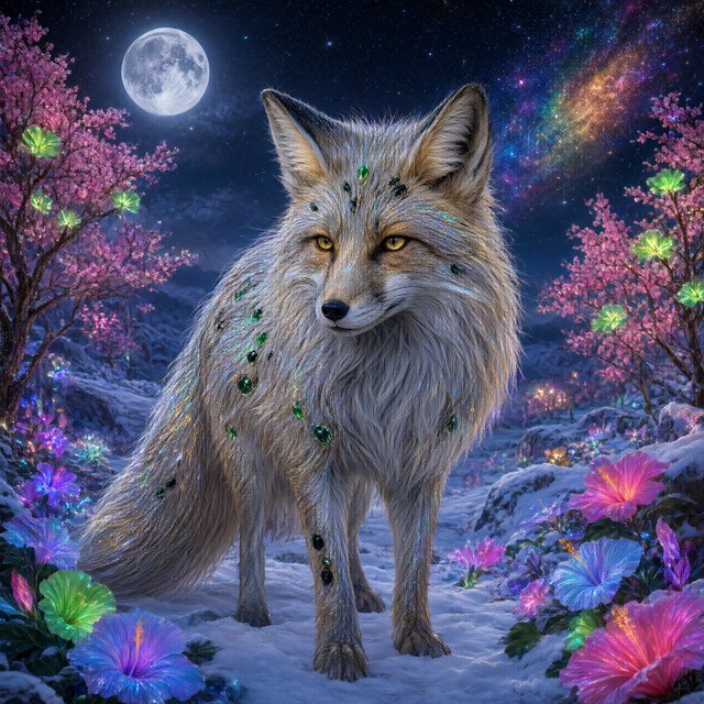 A fantasy still photography image of a majestic silver and gold fox, its fur coat features a breathtaking fiber-optic rainbow-glitter that shimmers with dense prismatic sparkles shifting vibrantly under the ethereal moonlight, the fox features deep silver undertones across its thick coat and is perched proudly in a front-facing posture, its fur is intricately adorned with embedded polished peridot and shimmering onyx that catch the glowing light, it is walking in an enchanted snow filled landscape filled with multicolored bioluminescent hibiscus flowers blooming in radiant neon shades and blooming pink bioluminescent trees with glowing green blossoms, the background features a dramatic full moon and a vibrant multicolored starry sky filled with multicolored swirling galaxy, a soft ethereal glow illuminates the fox's commanding silhouette, razor-sharp focus on its piercing golden eyes, magical realism style, fantasy art. — Qwen Image 3.0