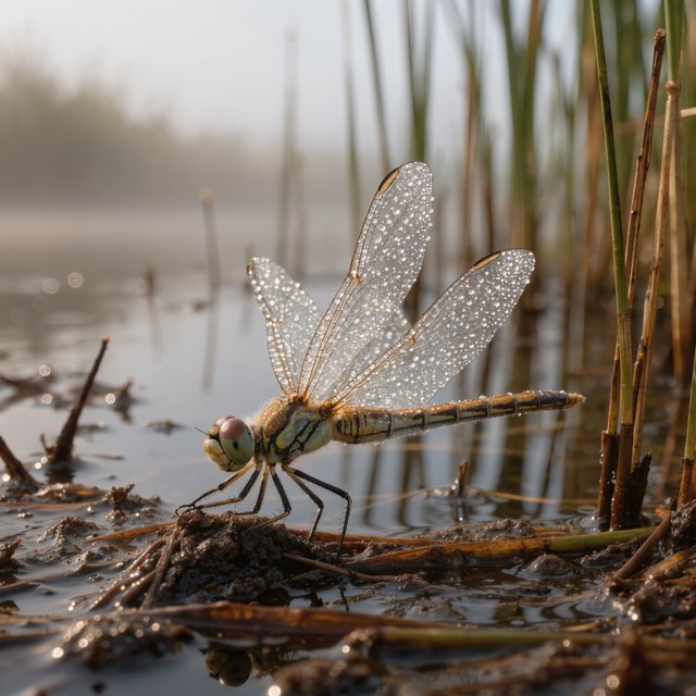 On a peaty marsh edge, a dragonfly rests among sedges after a light morning shower; dew beads on its veined wings and granular mud, while reed stems soften into pale fog behind it. — Kling v3 Omni