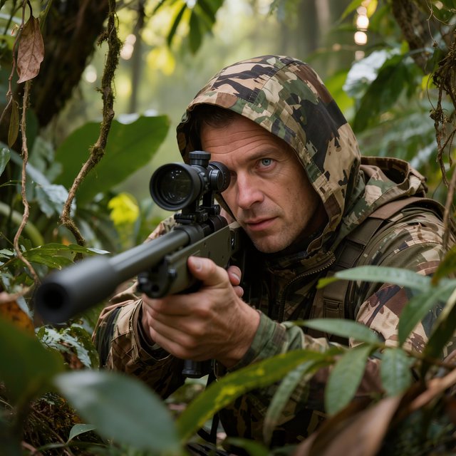 An adult sniper concealed in dense jungle foliage, aiming at a distant target, with a close-up view of his focused face. — Model 7