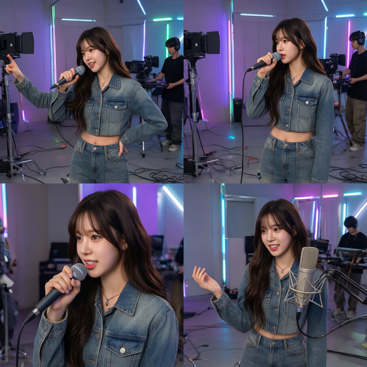 A pretty K-pop idol who is 19–21 years old at a music video shoot. The music video is for her hit song "돈 벌기" (Make Money). The setting of the music video relates to the song name. At least 4 scenes and many angles. — Qwen Image 3.0