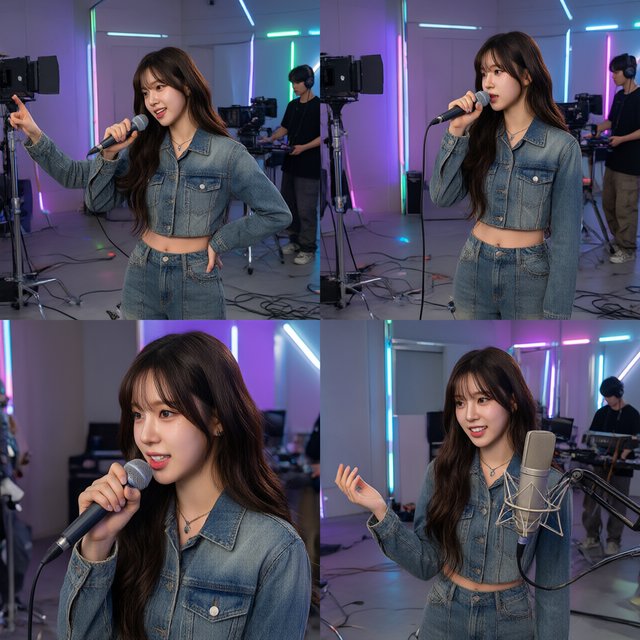 A pretty K-pop idol who is 19–21 years old at a music video shoot. The music video is for her hit song "돈 벌기" (Make Money). The setting of the music video relates to the song name. At least 4 scenes and many angles. — Qwen Image 3.0