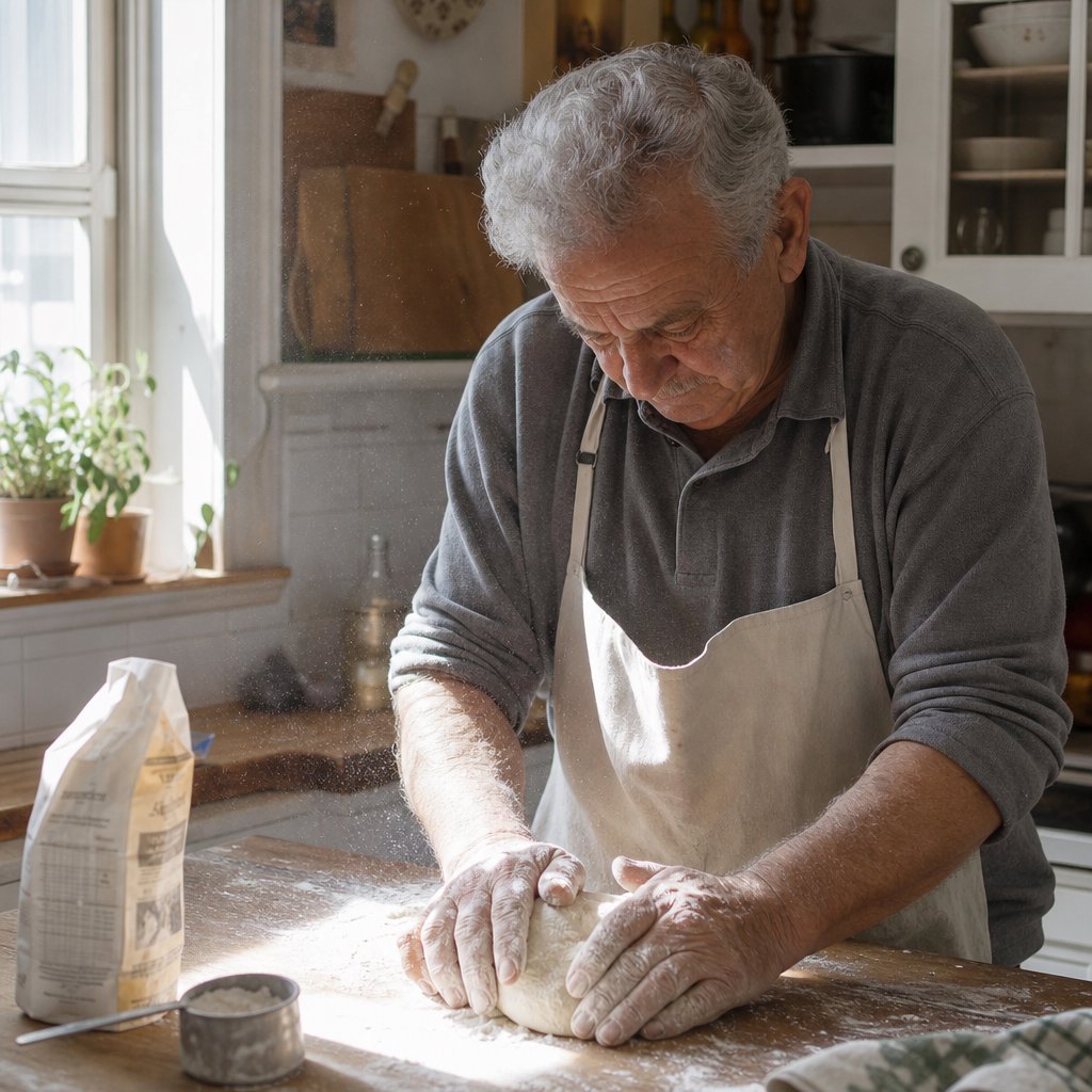 Documentary photo of a home kitchen mid-morning, flour dust in a shaft of window light, an older man kneading dough, natural light only. — GPT Image 2