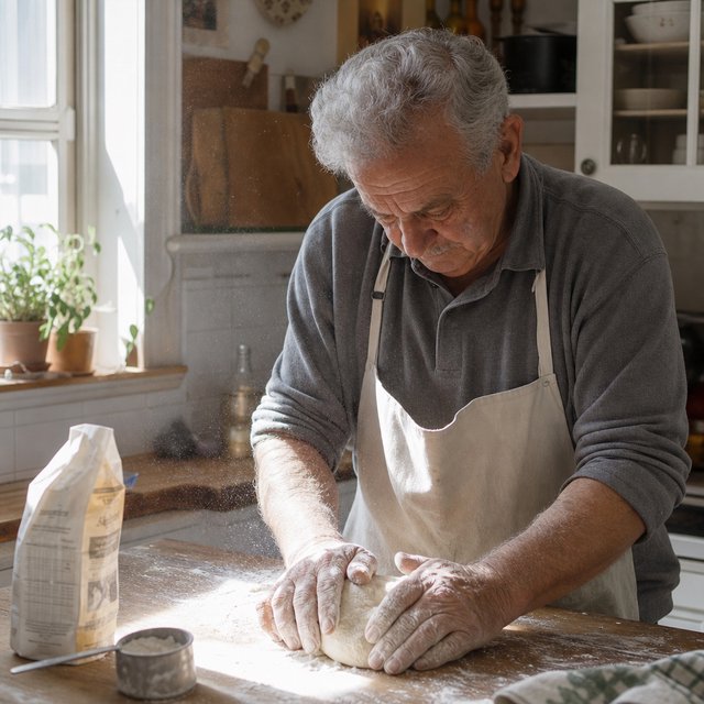 Documentary photo of a home kitchen mid-morning, flour dust in a shaft of window light, an older man kneading dough, natural light only. — GPT Image 2