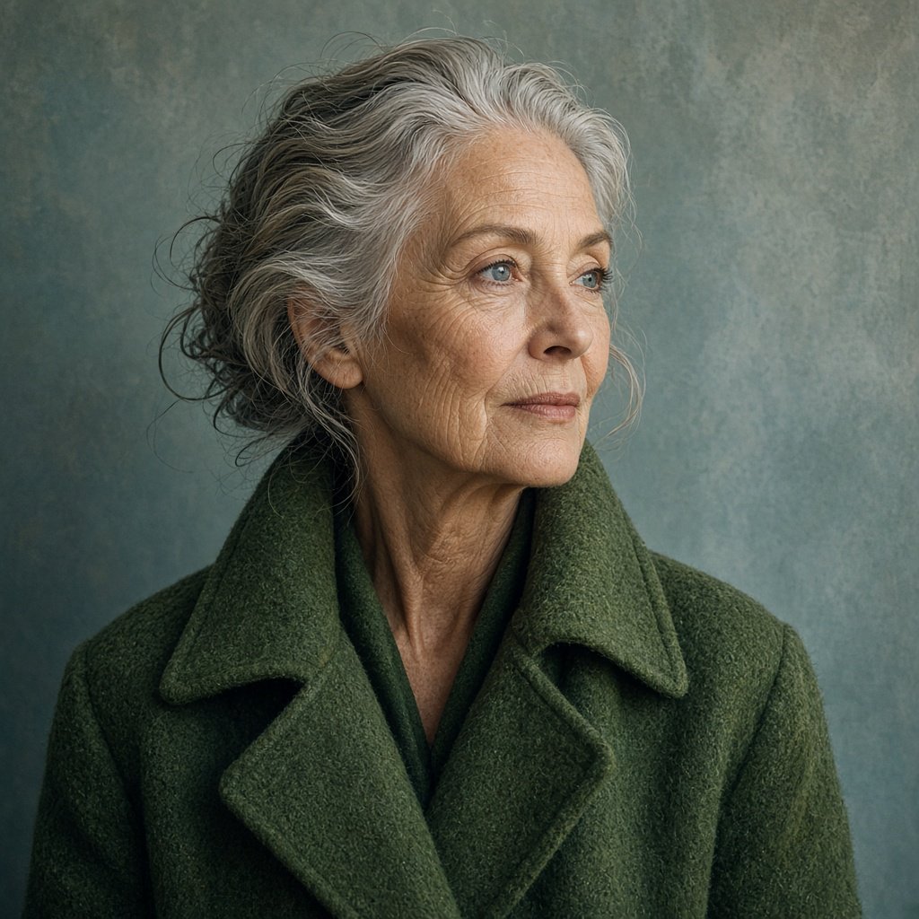 Beside a faded teal studio wall, a close-up fashion portrait frames an adult woman aged 68–76, her weathered skin softly detailed; she wears a moss-green wool coat and holds a calm, searching gaze in gentle side light. — Grok Imagine Image 2