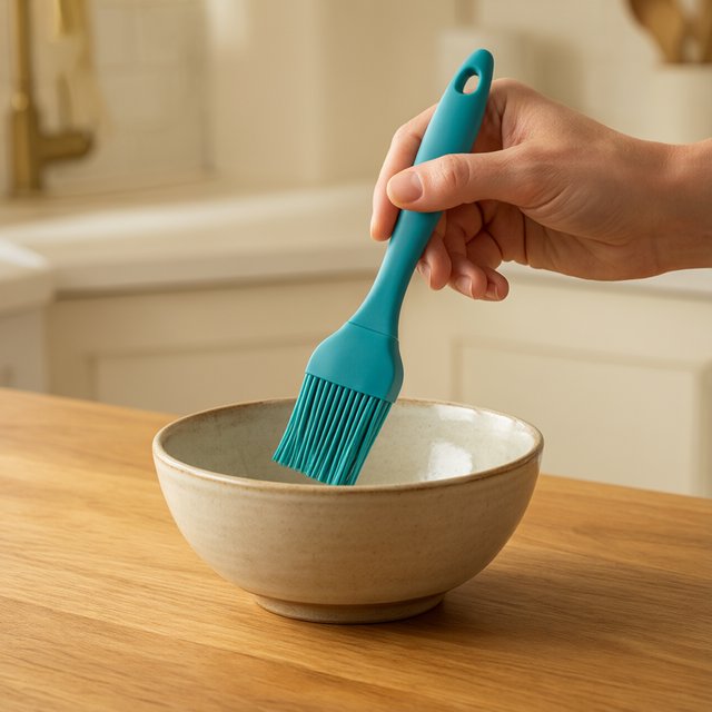 Across a honed maple counter, an adult hand guides an unbranded silicone pastry brush over a ceramic bowl; its ribbed teal handle catches diffused key light and warm bounce against a cream kitchen background, face cropped out, no lettering, commercial product image. — Qwen Image 3.0