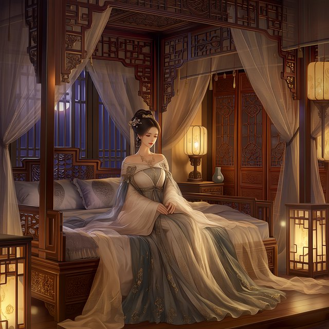 A beautiful adult Chinese woman in her 20s wearing an elegant, subtly sensual Song Dynasty–inspired hanfu with a loose off-shoulder neckline, gracefully exposing her shoulders and collarbones. She sits on an ornate wooden bed inside a refined ancient Chinese bedroom at night, surrounded by gauze curtains, carved screens and softly glowing lanterns. Moonlight filters through the lattice window, creating a romantic, intimate atmosphere. Luxurious silk fabrics, delicate hair ornaments, natural feminine pose, cinematic lighting, historically inspired details, tasteful and sophisticated. — Midjourney Niji 7