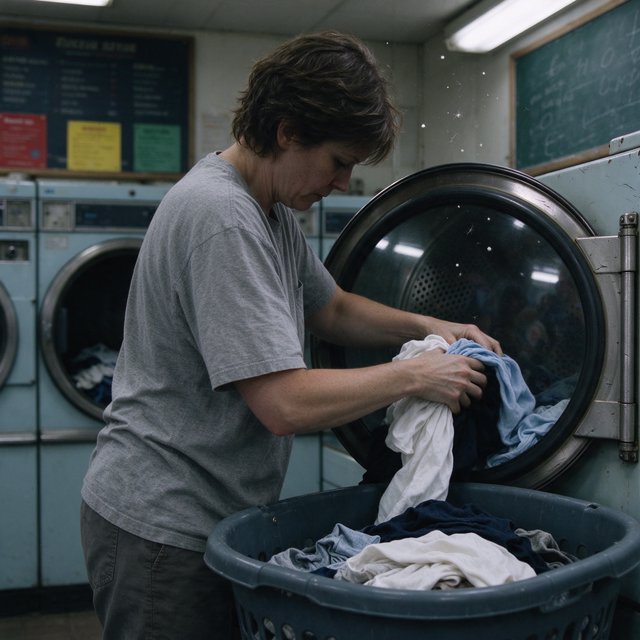 Candid documentary photograph of an adult sorting laundry in a neighborhood laundromat, cool fluorescent light, 35mm lens with moderate depth of field, lint specks floating near a tumbling dryer door. — Seedream 5.0 Flash