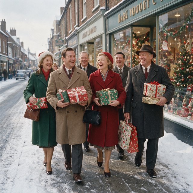 A UK High Street in the 1950s at Christmas time. The roads are covered in snow. The shop windows are decked out for Christmas and the happy adult shoppers are loaded up with gifts for loved ones. The mood is bright and Christmassy. — Model 20