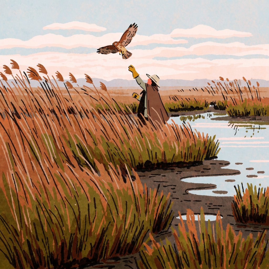Ink-and-gouache illustration of an adult falconer releasing a hawk above a salt marsh, reeds bending in the wind and tidal pools catching sunset. Palette of rust, moss green, pale gold, and slate blue, with lively brushwork. — Krea 2 Medium