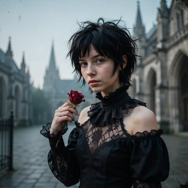 Atmospheric lighting creates soft background gradients through value blending, and surreal dark textures produce cracked surfaces and splatter via organic mark making. The fusion manifests as lace edges, dramatic chiaroscuro, and sharp focal contrast, transforming any subject through meticulous gothic surface modeling. A gothic woman depicted in 2026, with spiky black hair, blue eyes, and pale skin, wearing a black off-shoulder lace dress with a high ornate collar and puffed sleeves, holding a red rose. Close-up at eye level, the woman facing forward with her head slightly tilted, gazing directly at the viewer, holding a red rose in her right hand near her shoulder. Scene set before a gothic cathedral during overcast twilight, with misty atmosphere, featuring tall church spires in the background. — Ideogram v4