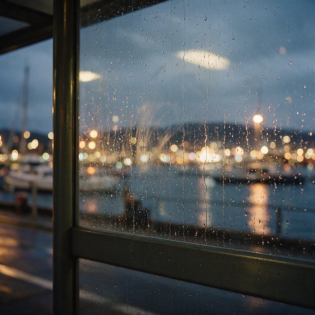 Raindrops crawl down a bus shelter pane, warping blurred harbor lights beyond. A handheld evening street snapshot in cool sodium glow, shot at 50mm with shallow depth of field, catches tiny water trails and a faint wipe mark. — Seedream 5.0 Pro