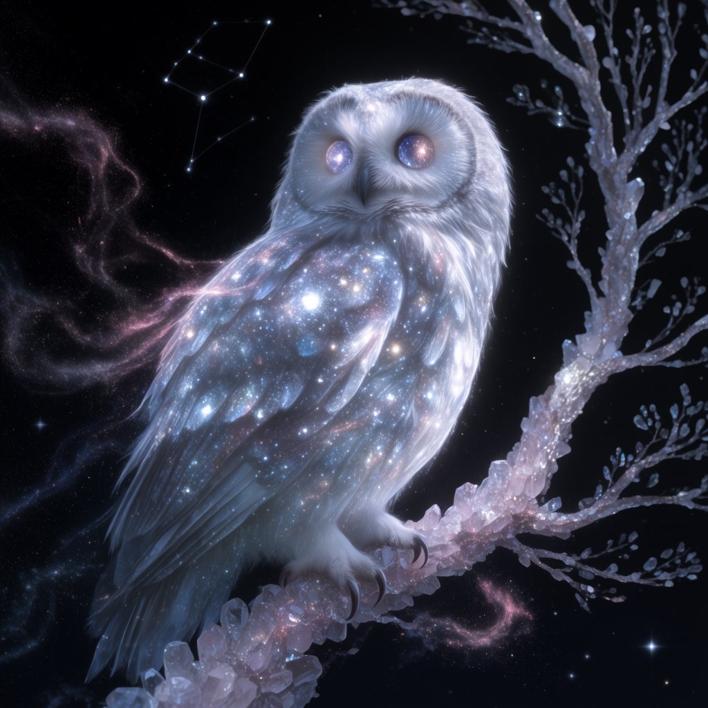 An ethereal owl with feathers made of shimmering moonlight and eyes like miniature galaxies, perched on a branch of a crystalline tree that grows in a void. Wisps of cosmic dust drift around it, and faint constellations are visible in the background. The scene evokes a sense of profound tranquility and celestial mystery. Style: Ethereal, surrealism, with a touch of photorealism. — Krea 2 Large