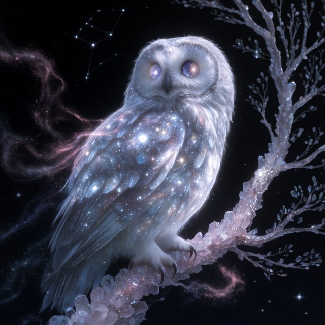 An ethereal owl with feathers made of shimmering moonlight and eyes like miniature galaxies, perched on a branch of a crystalline tree that grows in a void. Wisps of cosmic dust drift around it, and faint constellations are visible in the background. The scene evokes a sense of profound tranquility and celestial mystery. Style: Ethereal, surrealism, with a touch of photorealism. — Krea 2 Large