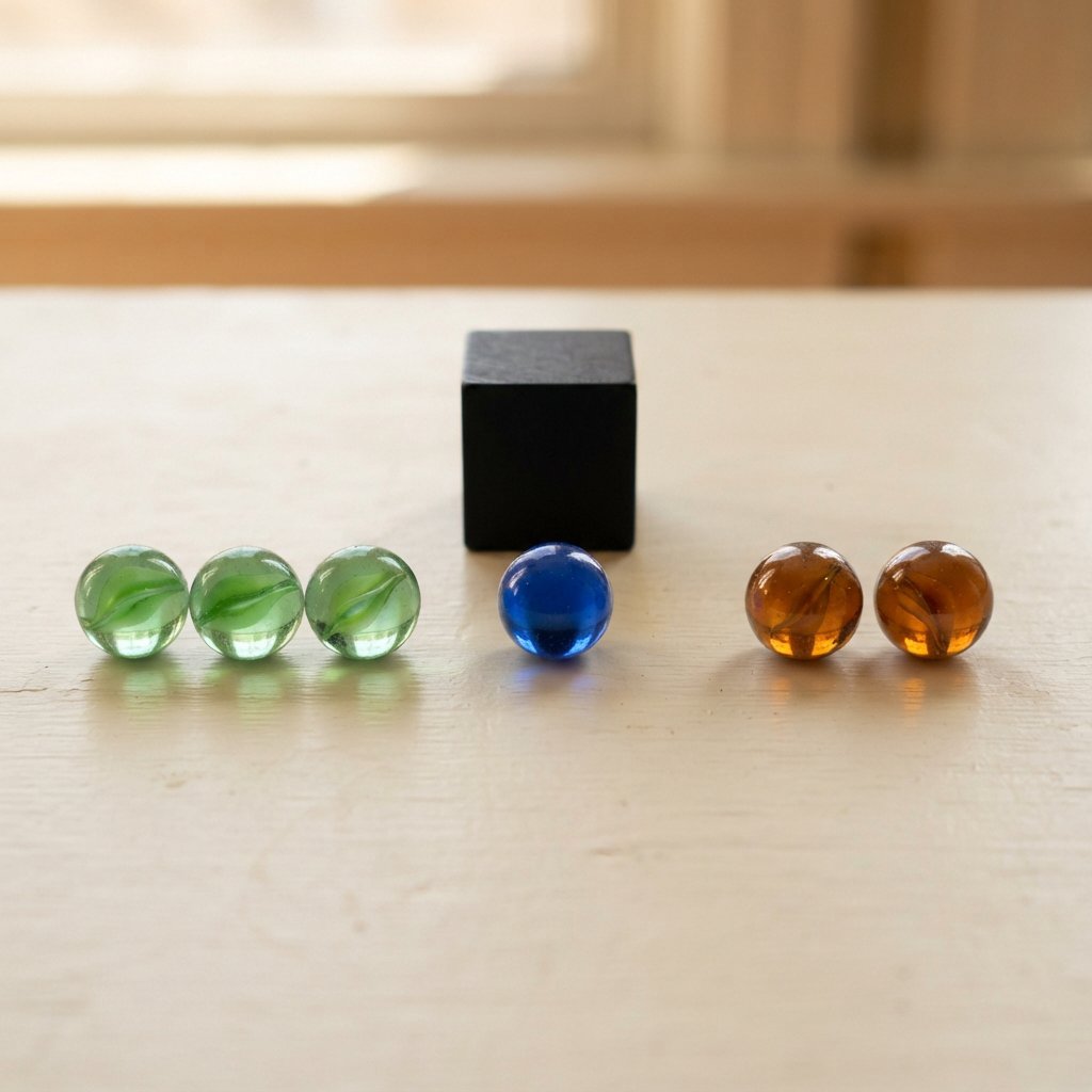 Exactly six glass marbles sit on a cream tabletop: three green marbles in a row on the left, two amber marbles in a row on the right, and one blue marble centered between the rows. A black cube sits above the blue marble, nothing else. — Nano Banana 2 Lite
