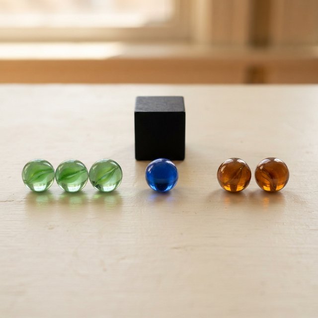 Exactly six glass marbles sit on a cream tabletop: three green marbles in a row on the left, two amber marbles in a row on the right, and one blue marble centered between the rows. A black cube sits above the blue marble, nothing else. — Nano Banana 2 Lite