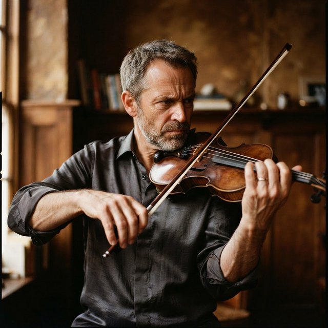 With a violin tucked close, an adult man in his early 50s draws a bow, his hands prominent, wearing a charcoal silk shirt; his intent expression is framed against a warm umber backdrop in soft amber window light, in a close portrait photograph. — Nano Banana 2 Lite