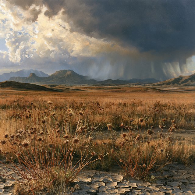 Across a tawny prairie basin, a rotating thunderstorm gathers in the late afternoon beneath bruised clouds, rain veiling distant buttes; seed heads and cracked earth in the foreground contrast with ridges softened by the advancing downpour. — Midjourney V8.2