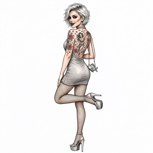 A realistic India ink illustration with crisp black lines depicting a realistic scene, anatomy, and proportions. The ink lines are colored with watercolors, while the black lines remain visible. Full-length composition. A 25-year-old woman named Mandy has a round face and short, trendy hair dyed grayish white. She wears a short, tight halter-top dress with a backless design, fishnet stockings, and high platform heels. She carries a tiny fish-shaped purse over one shoulder. She has smoky eyes and dark brown lipstick. Her entire back is covered with a huge tattoo of a dancing adult woman surrounded by a swirl of roses and rose petals. She poses for a picture in rear view, standing on one foot with the other foot raised and knee bent. She looks at us over one shoulder, making eye contact with the camera and smiling. — Qwen Image 3.0 Pro