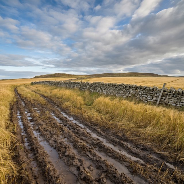 Golden barley fields ripple beneath a vast sky as a cool morning breeze follows overnight showers; muddy tractor furrows glisten in the foreground, guiding the eye past a weathered stone boundary toward low hills under broken clouds. — Model 17
