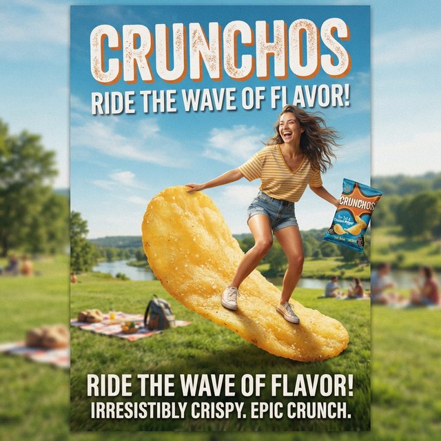 A creative promotional poster for potato chips featuring a forced perspective effect. — Nano Banana 2 Lite