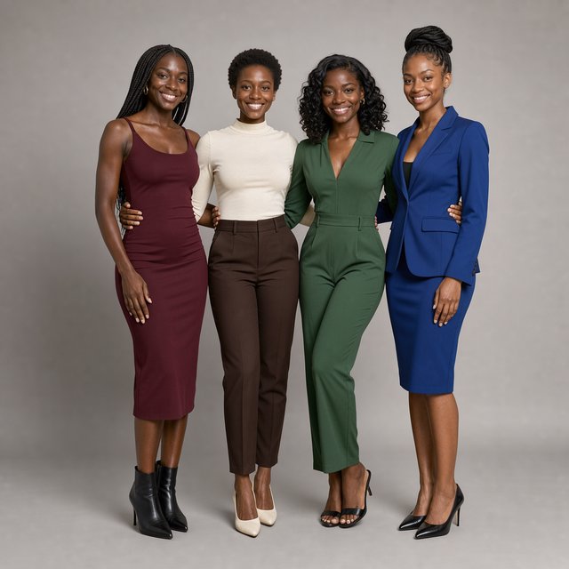 Realistic image of four women standing near each other. All are wearing fitted outfits. All are slim but still curvy Black women. Each woman has a unique, pretty face, and they all look different from one another. Full-body image. Plain background. — Model 1