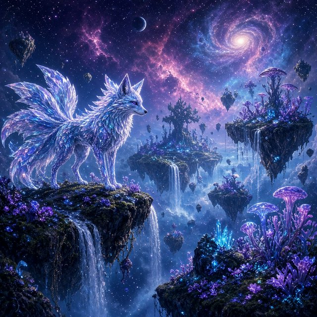 An ethereal fox with crystalline fur navigates a landscape of floating islands. Waterfalls cascade into the starry abyss below, and strange, alien flora sprouts from glowing rocks. This is a magical realism painting, infused with the wonder of distant galaxies. — Grok Imagine Image 2