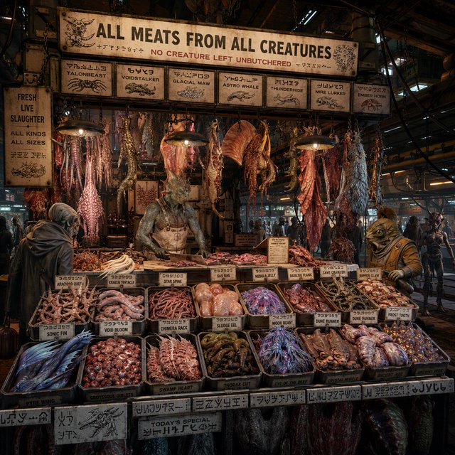 Exotic alien meat market with every possible meat imaginable on sale! — GPT Image 2
