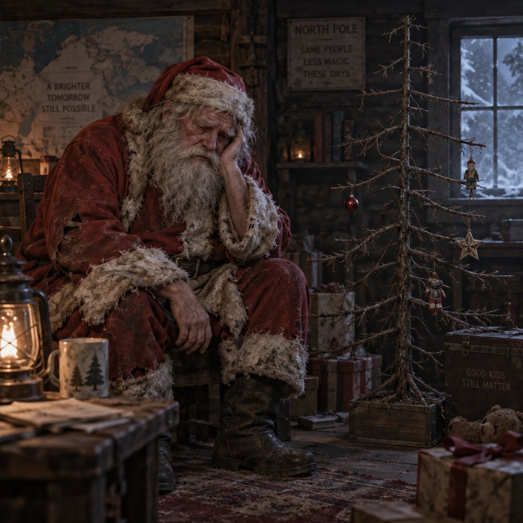 A melancholic, somewhat disheveled Santa Claus in a worn, dirty coat. He sits in his cabin at the North Pole next to a desolate, needleless Christmas tree, its decorations hanging only sporadically. The aura radiates a quiet despair. — GPT Image 2.5 Sunburst