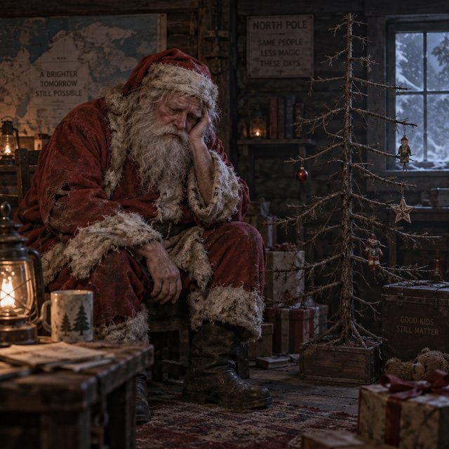 A melancholic, somewhat disheveled Santa Claus in a worn, dirty coat. He sits in his cabin at the North Pole next to a desolate, needleless Christmas tree, its decorations hanging only sporadically. The aura radiates a quiet despair. — GPT Image 2.5 Sunburst